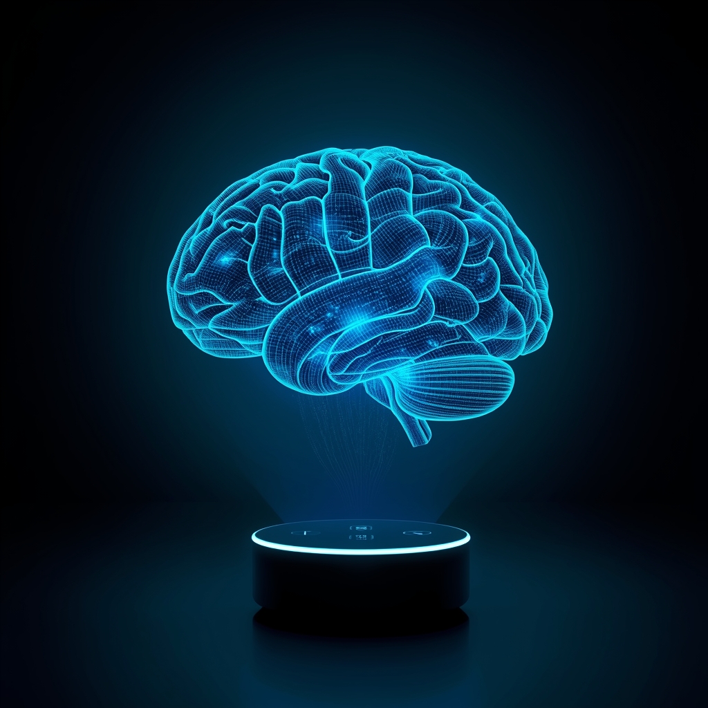An AI neural network brain rendered in glowing blue and teal holographic style, floating above a smart home device, high detail, cinematic, no women
